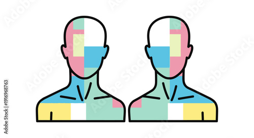 Two bald men with colorful faces.