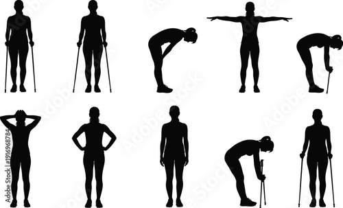 Nordic walking women silhouette set featuring female athletes using trekking poles and performing stretching exercises for outdoor fitness and healthy lifestyle,