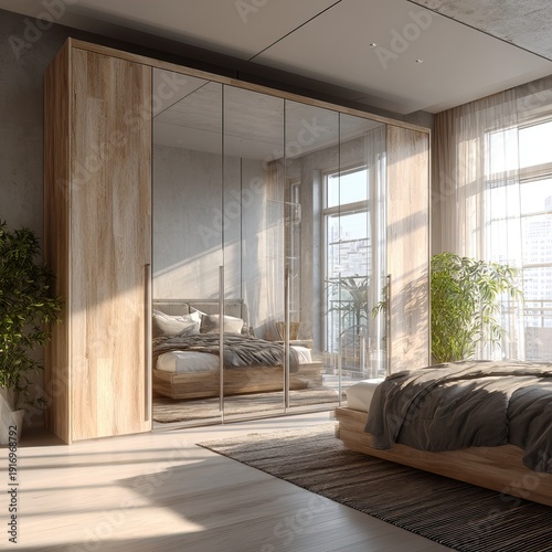 Large mirrored wardrobe in bright modern bedroom. AI generated image