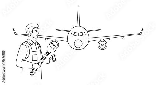 Mechanic with wrench repairing airplane engine