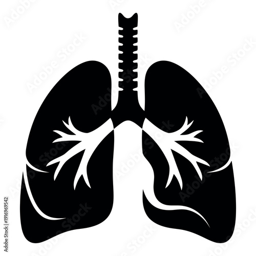 Black and white vector illustration of human lungs and respiratory system