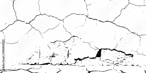 White cracked wall with rugged broken plaster bottom, abstract industrial texture, dramatic monochrome composition.