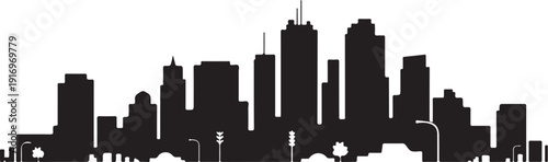 Black and white city skyline silhouette with buildings and trees