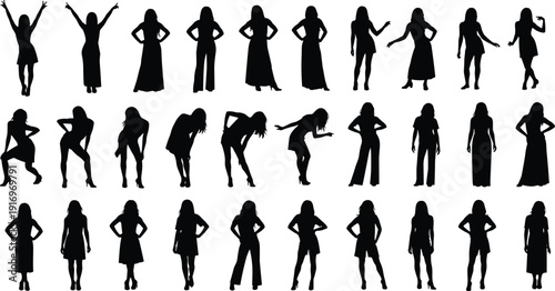 Silhouettes of fashion women in various poses on white background, female lifestyle, clothing models, diverse poses, retail shopping, beauty concept.