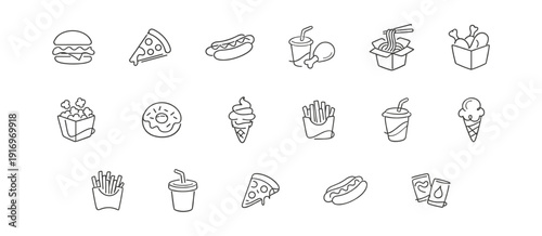Colorful line art icons of popular fast food items arranged in a grid on a white background
