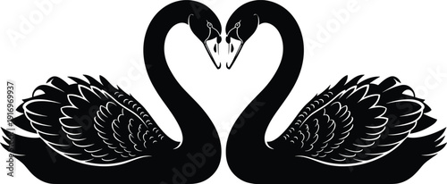 Two black swan silhouettes facing each other forming a heart shape with their necks for romantic wedding love and anniversary designs,