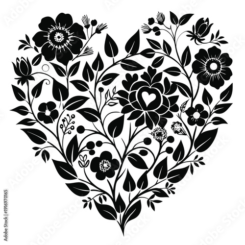 floral heart shape with flowers and leaves silhouette line art vector illustration with a white background