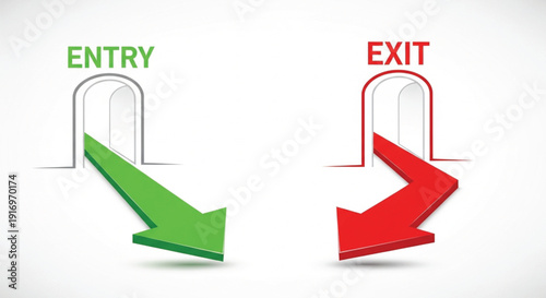 green and red directional arrows with door symbols isolated on white background