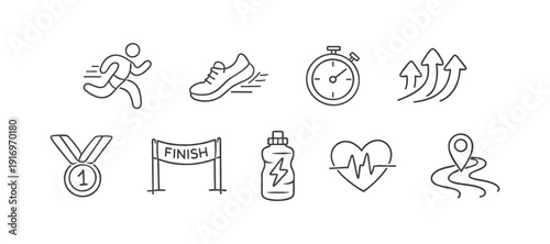 Set of colorful line icons representing running, fitness, and achievement in sports