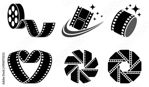 Black and white film reel and photography related icons with sparkling star elements