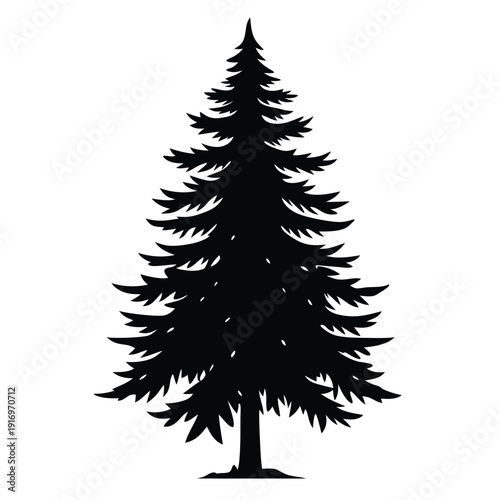 evergreen tree silhouette line art vector illustration with a white background