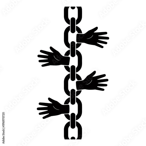 A black and white illustration depicting a chain made of interconnected human hands