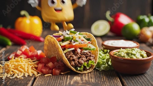 Colorful taco with a smiling pepper mascot surrounded by fresh ingredients