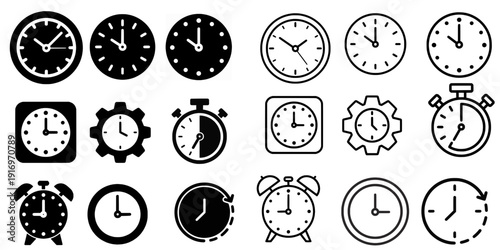 Clock vector icons collection, Thin line and glyph solid style series design on transparent background stock illustration.