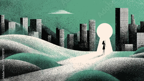 A silhouette figure stands before a giant keyhole, cityscape backdrop with teal and grayscale