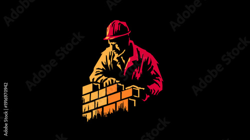 Silhouetted illustration of a bricklayer in a hardhat building a wall, against a black backdrop