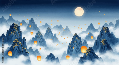 Enchanting watercolor painting of floating lanterns in misty mountains under a full moon