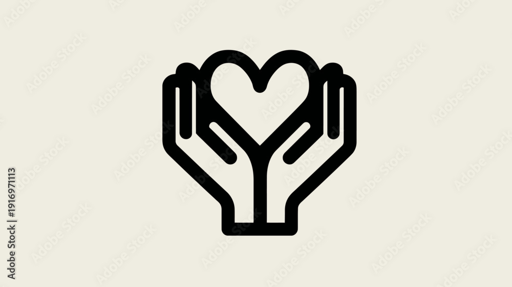 Obraz premium Black graphic of hands cupping a heart shape against a light background