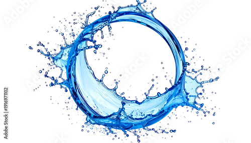 A circular splash of blue water, with droplets around an open center, on a black background
