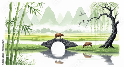 Serene watercolor landscape with grazing cows and traditional stone bridge, inspired by Chinese ink wash painting