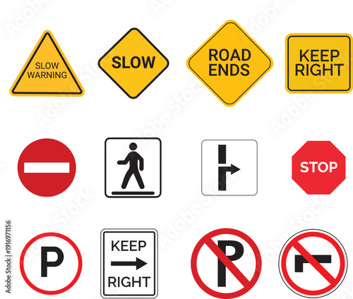 Set of Road Safety and Traffic Warning Signs Isolated on Light Background