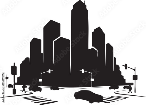 Black and white cityscape with traffic and pedestrians