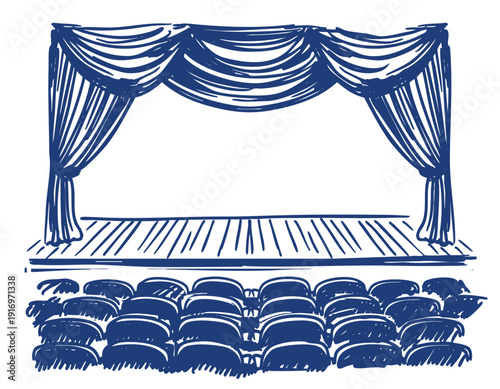 Theater curtain, cinema, monochrome illustration, hand drawn vector sketch