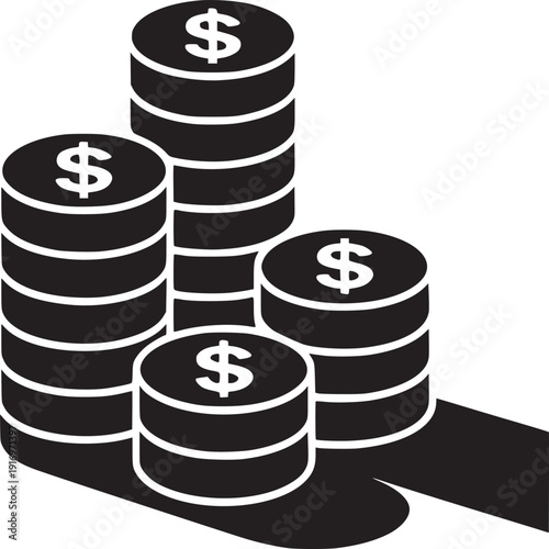 A black and white illustration of stacks of coins with dollar signs on them and a shadow cast behind them