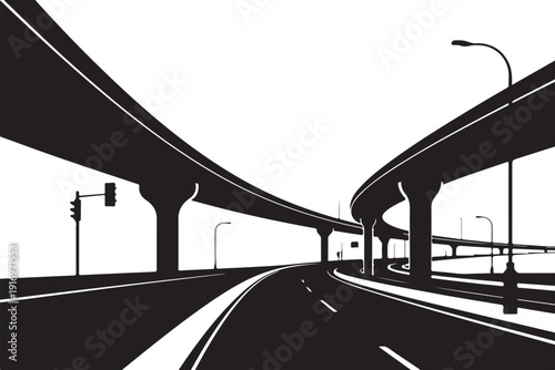 Black and white highway overpass with traffic lights and street lamps