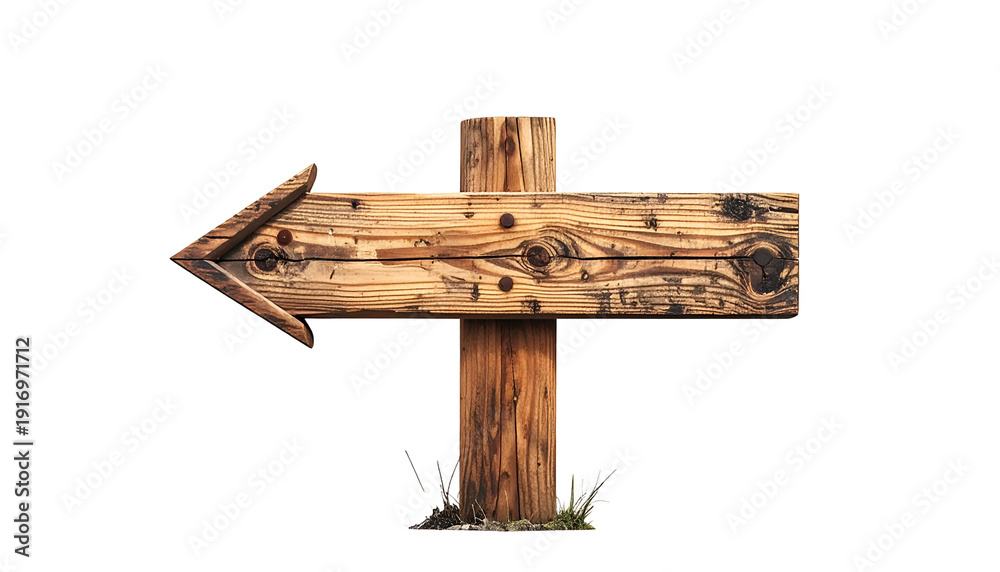 Fototapeta premium Rustic wooden signpost with arrow pointing left, isolated on black