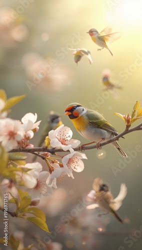 Pareja de pájaros coloridos sobre rama con flores primaverales, ilustración romántica con luz cálida y fondo bokeh
