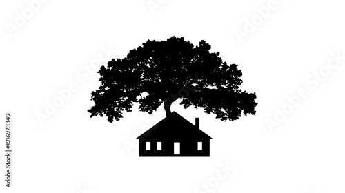 Black silhouette depicting a house beneath a large tree, symbolizing nature and home