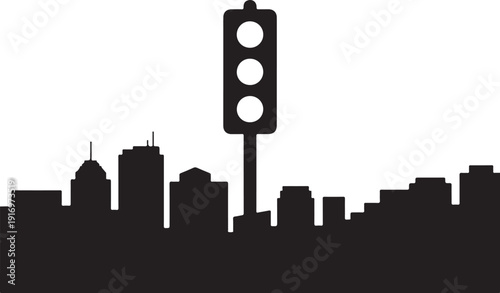 Black silhouette city skyline with traffic light white