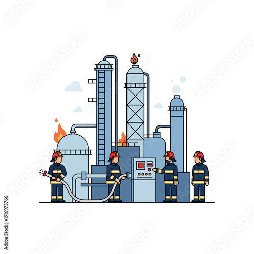 Firefighters controlling blaze at industrial facility with equipment  