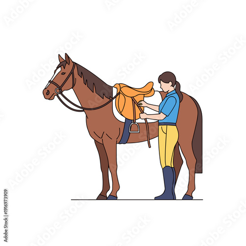 Woman saddling a horse while standing in riding attire  