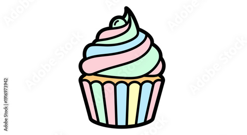 Colorful frosted cupcake with swirl design.