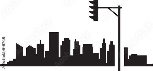 Black silhouette of city skyline with traffic light 3