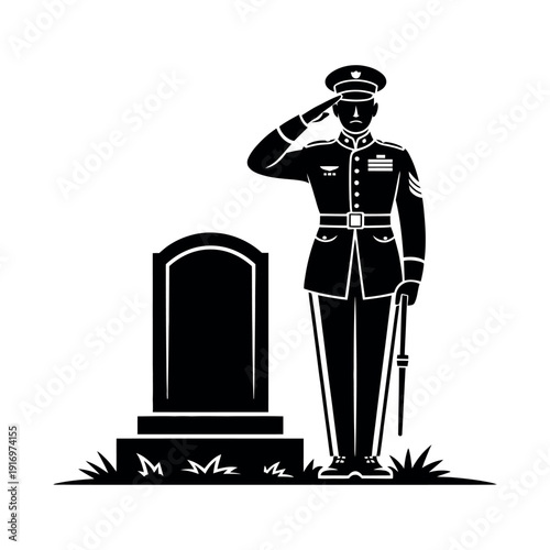 A military soldier saluting in front of a grave