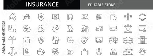 Insurance Line Icon Set with Editable Stroke – Health, Life, Car, Home, Travel and Business Protection Symbols, Minimal Outline Vector Illustration for Web, App and UI Design