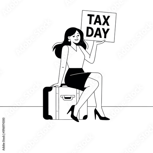 A woman holding a Tax Day sign while sitting on a suitcase
