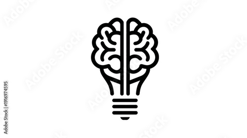 A black line illustration of a brain inside of a lightbulb. It is in the center of a white background