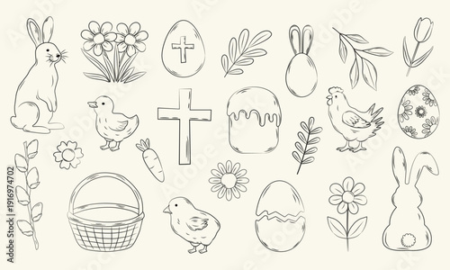 Hand drawn outline sketch Easter holiday element set with bunny, eggs, chicks, cake and cross vector illustration