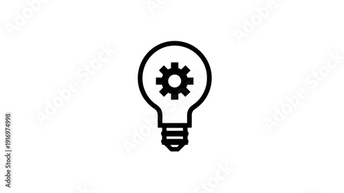 Black outline of a lightbulb with a gear inside on white background. Symbol of an idea