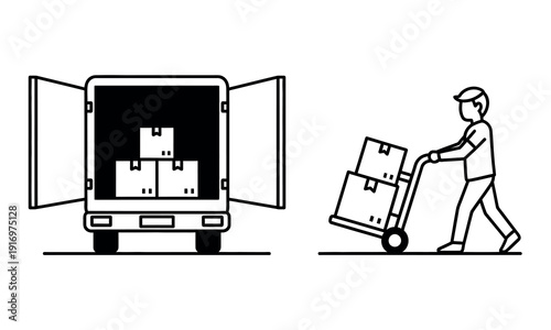 A man loading boxes into a delivery truck with a dolly