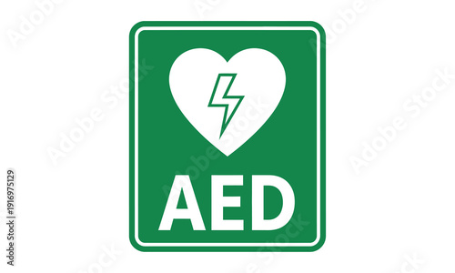 Automated external defibrillator aed sign with green color and white heart symbol