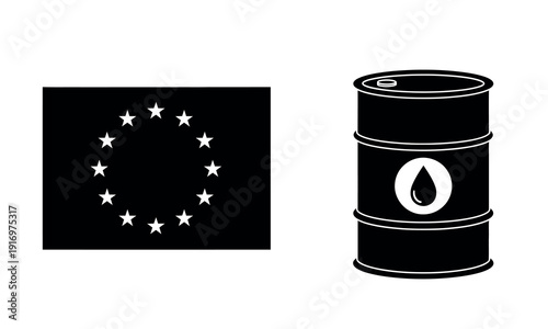 European union flag and oil barrel icon in black and white