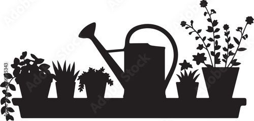 Black silhouette of potted plants and watering can on a shelf