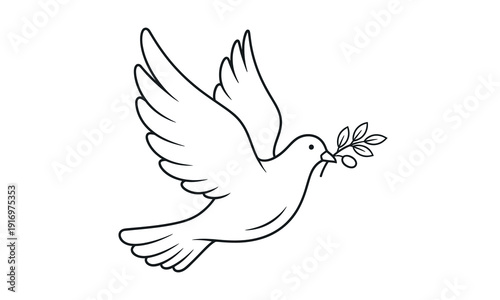 A simple line drawing of a dove flying with an olive branch in its beak