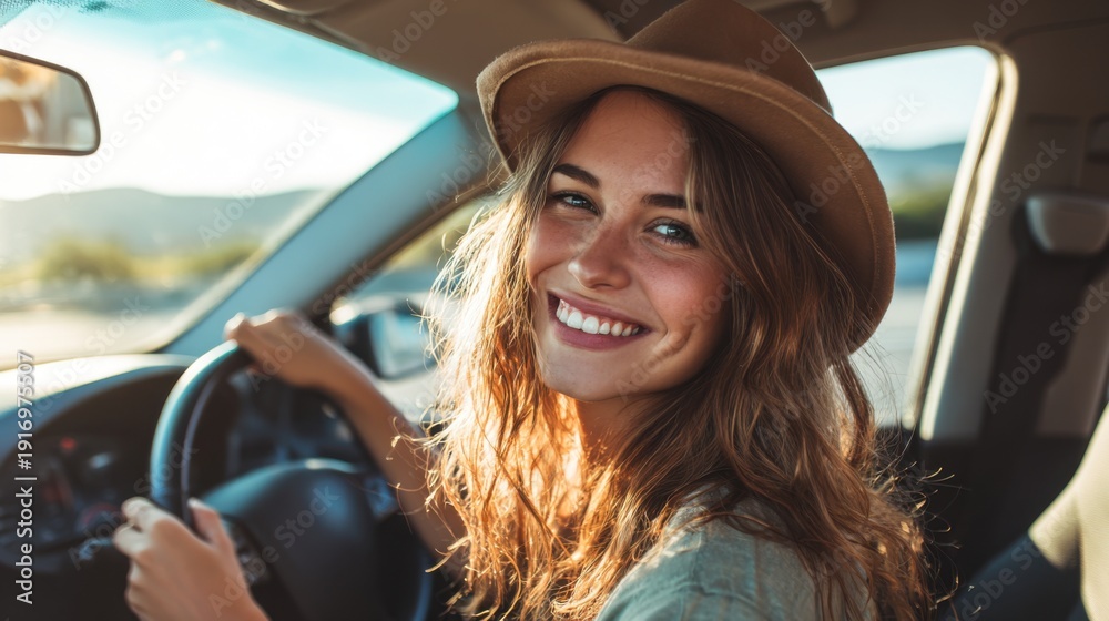Naklejka premium Smiling young caucasian female driving car with hat on sunny day.