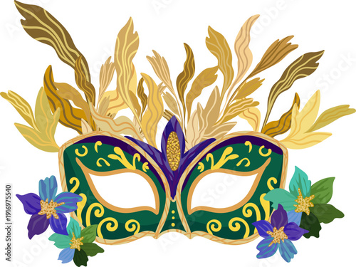 venetian green mask with gold glitter elements and festive floral decoration for mardi gras party invitation card